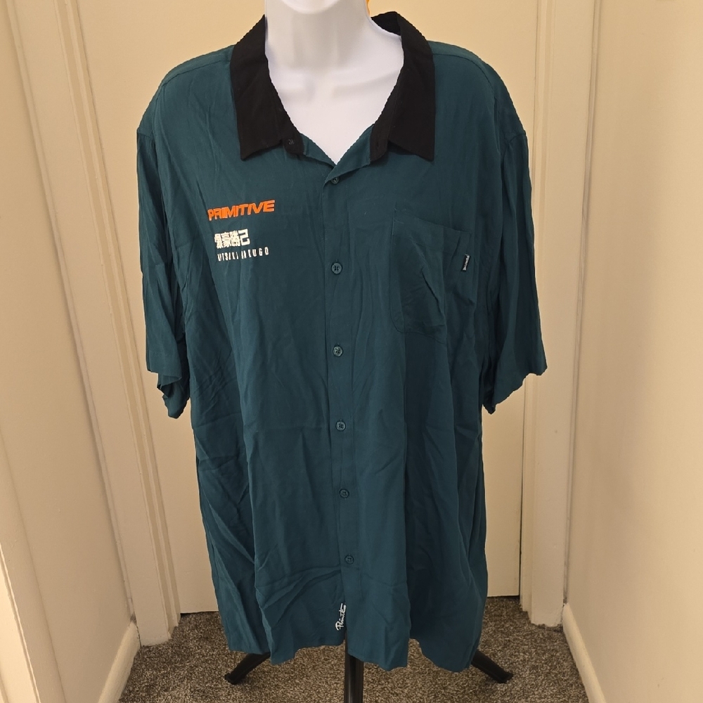 NWT Primitive Teal Short-Sleeve Button-Down Shirt with Black Collar and Graphic
